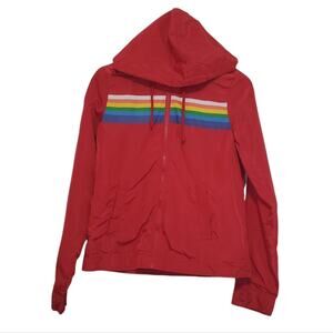 New Look | Retro 70s 80s Rainbow Chest Full Zip Hooded Windbreaker Jacket